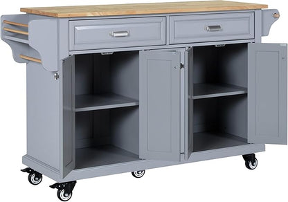 GOWE Kitchen Island with Rubber Wood Countertop, Kitchen Cart on 5 Wheels with Storage Cabinet and 2 Top Drawers and A Center Double Layered Storage Drawer for Dinning Room, Grey