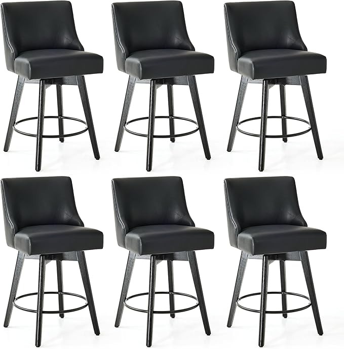 Counter Height Bar Stools Set of 6, Swivel Barstools with Backs and Wood Legs, Faux Leather Upholstered Counter Stools for Kitchend Island, Mid-Century Modern 26" Seat Height Bar Chairs, Black