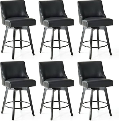 Counter Height Bar Stools Set of 6, Swivel Barstools with Backs and Wood Legs, Faux Leather Upholstered Counter Stools for Kitchend Island, Mid-Century Modern 26" Seat Height Bar Chairs, Black