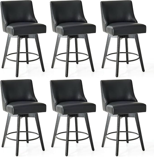 Counter Height Bar Stools Set of 6, Swivel Barstools with Backs and Wood Legs, Faux Leather Upholstered Counter Stools for Kitchend Island, Mid-Century Modern 26" Seat Height Bar Chairs, Black