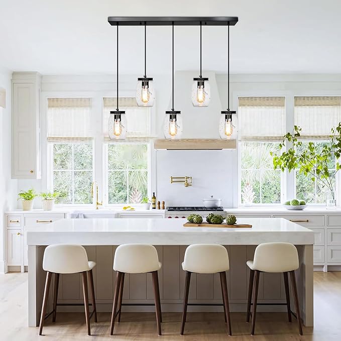 5-Light Glass Mason Jar Light Fixtures, Farmhouse Kitchen Island Pendant Lighting, Rustic Adjustable Height Jar Ceiling Lights for Over Sink, Dining Room, Foyer, Stairway, Hallway, Entryway, Porch