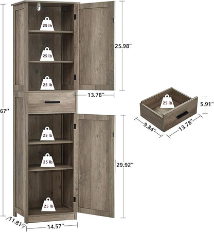 usikey 67'' Tall Storage Cabinet, Narrow Bathroom Floor Storage Cabinet with 4 Shelves & 2 Doors, for Bathroom, Living Room, Rustic Gray UNSNG040M
