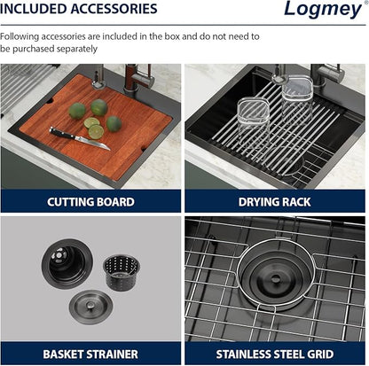 Logmey 18" Square Drop in Bar Sink,PVD Nano Gun Black 16 Gauge Stainless Steel,18x18x9 All in One Workstation Sink for Kitchen Prep,RV,Wet Bar & Outdoor