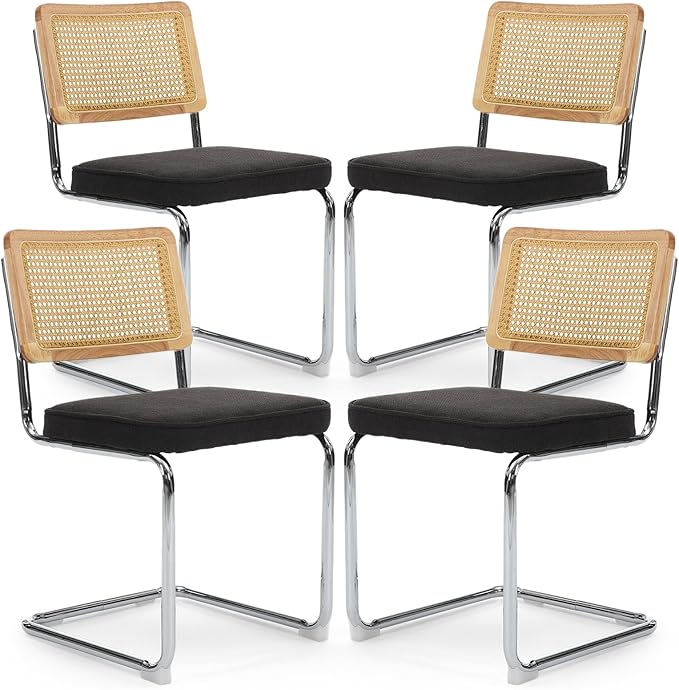 Rattan Back Linen Dining Chair Set of 4 Modern Breuer Designed Stainless Chrome Base Armless Upholstered Dining Chair for Dining Room, Kitchen Island(Black)