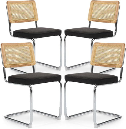 Rattan Back Linen Dining Chair Set of 4 Modern Breuer Designed Stainless Chrome Base Armless Upholstered Dining Chair for Dining Room, Kitchen Island(Black)