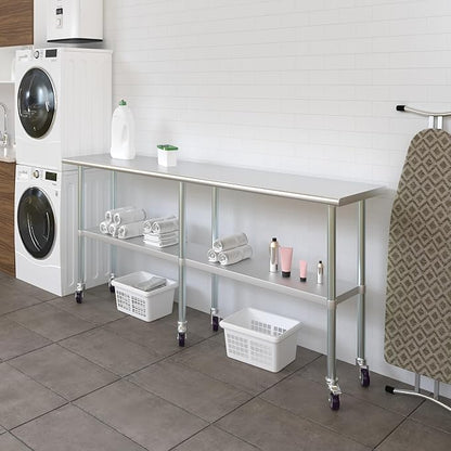 Stainless Steel Work Table with Wheels | NSF Kitchen Island Food Prep | Laundry Garage Utility Bench (Table + Wheels, 84" Long x 18" Deep)