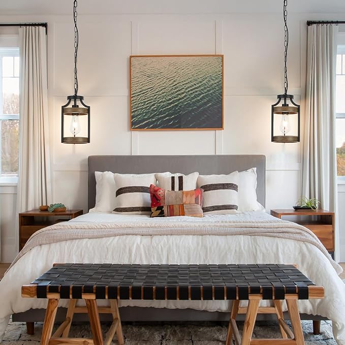 Farmhouse Pendant Light, Rustic Wood Metal Light Fixtures with Adjustable Hanging Chain, Small Pendant Lighting for Kitchen Island, Dining Room, Entryway, Cafe & Bar, 1 Pack