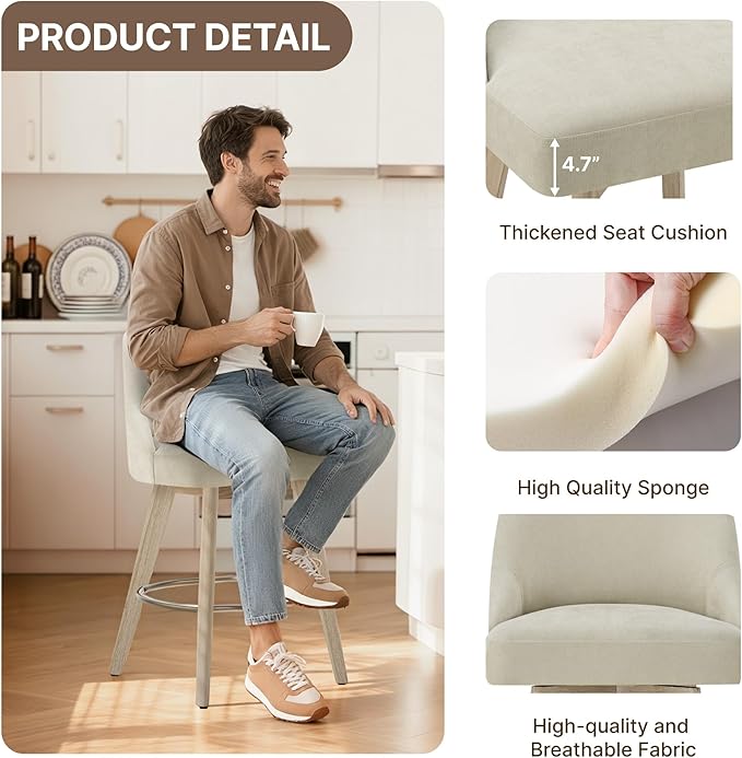 Counter Height Bar Stools Set of 4, Modern Swivel Barstools with Back and Wood Legs, Fabric Upholstered Bar Chairs, 26" Seat Height Counter Stools for Kitchen Island,Sand