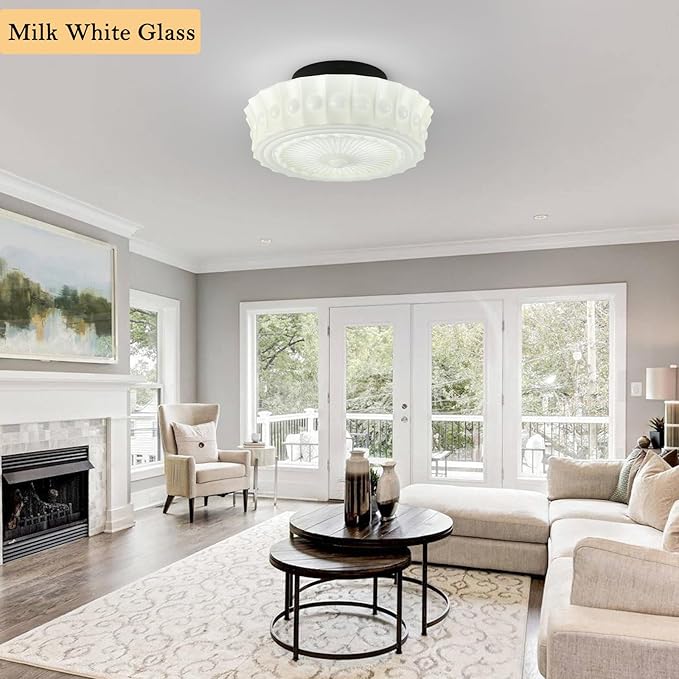 Bofea-Milk White Glass Semi Flush Mount Ceiling Light Fixture Creative Sunflower Ceiling Lamp Vintage Schoolhouse Light Fixture Mid Century Modern Flush Mount Lights for Bedroom,Hallway,Kitchen.