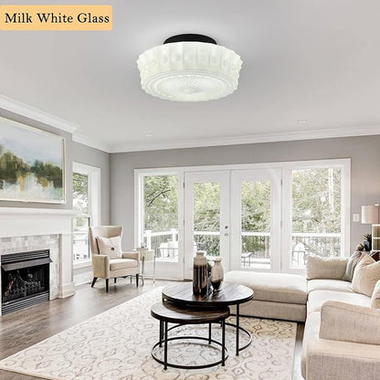 Bofea-Milk White Glass Semi Flush Mount Ceiling Light Fixture Creative Sunflower Ceiling Lamp Vintage Schoolhouse Light Fixture Mid Century Modern Flush Mount Lights for Bedroom,Hallway,Kitchen.