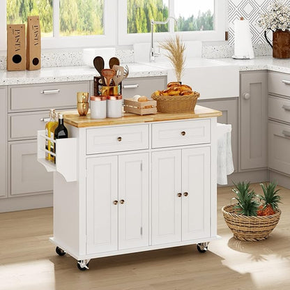 SogesHome Kitchen Island Cart with Storage Kitchen Cart Sideboard and Buffet with Wheels Bar Cart with Large Countertop, with Towel Holder and Spice Rack, 2 Drawers, 2-Door Cabinets, White&Maple