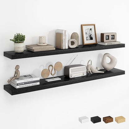 Dreamland 48Inch Floating Shelves for Wall, Rustic Wooden Black Floating Shelves for Living Room, Kitchen, Farmhouse, Deep Wall Mounted Book Shelf, Wood Storage Display Shelf for Home Decor, Set of 2