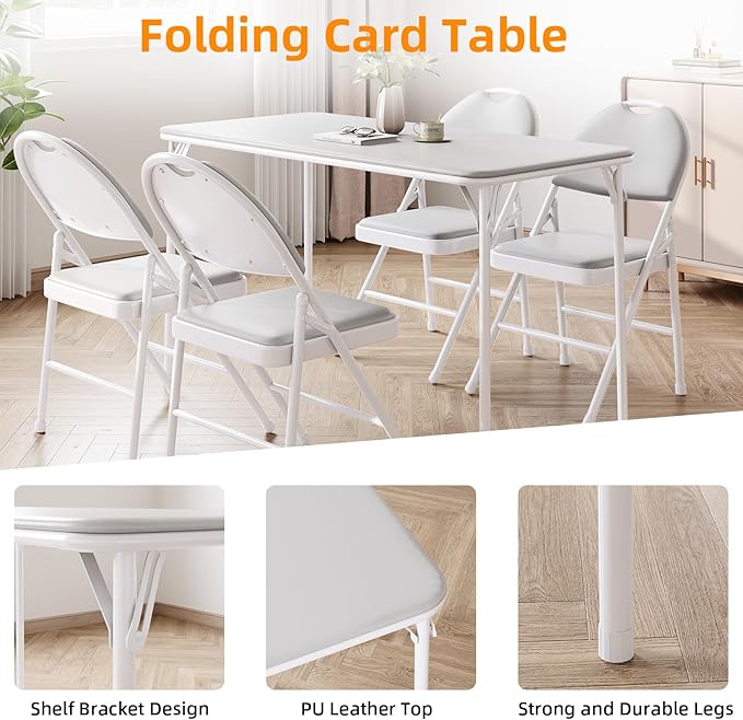 IDEALHOUSE 4 Feet Folding Table, Protable Foldable Card Table, Metal Legs Support, Upholstered PU Leather Tabletop, Heavy Duty, No Assembly Required, Perfet for Indoor and Outdoor, Gray