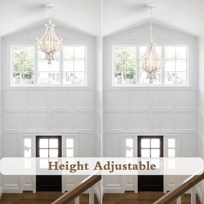 ALISADABOY Farmhouse Rustic Wood Light Fixture Distressed White Dining Room Pendant Chandelier French Country 4 Light Candle Hanging Lamp for Kitchen Island Living Room Bedroom Entryway Foyer