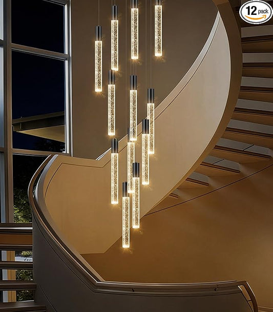 HAIXIANG 118" High Ceiling Chandelier Linear Crystal Pendants, Remote Dimmable, Compatible Sloped Ceilings, 12-Light Matte Black, 60 Watts LED, 4800 Lumens