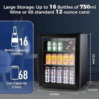 Electactic 68 Cans Beverage Refrigerator Cooler, 1.7 cu.ft Mini Fridge Glass Door Drink Cooler for Beer, Soda,Wine, Digital Temperature Control for Home Office Bar