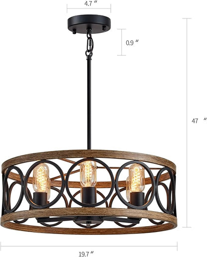 MEIXISUE Modern Farmhouse Drum Chandelier Black and Retro Wood Finish 6-Lights Round Metal Antique Vintage Chandelier Light Fixtures for Kitchen Dining Room Living Room Bedroom