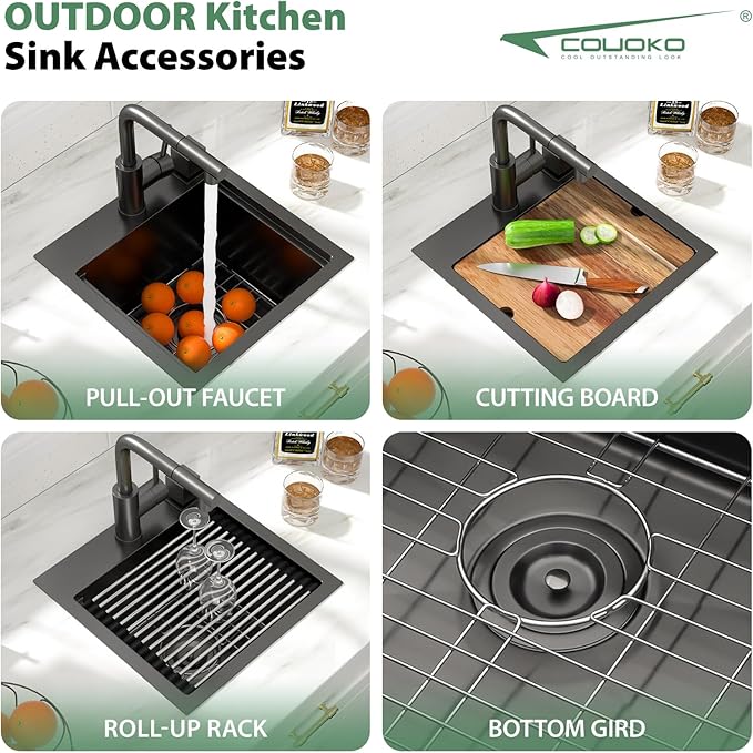 Outdoor Sink and Faucet 15 Inch Drop In Bar Sink Workstation 16 Gauge Stainless Steel Single Bowl Small Outdoor Kitchen Sink Basin With Pull-out Faucet 15x15x9 Inch