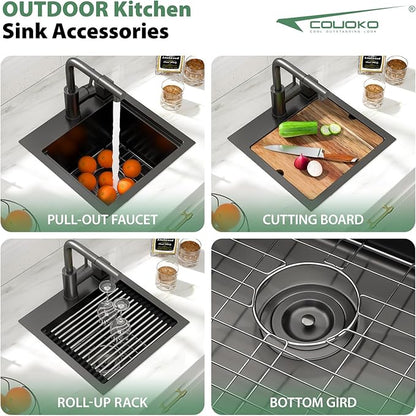 Outdoor Sink and Faucet 15 Inch Drop In Bar Sink Workstation 16 Gauge Stainless Steel Single Bowl Small Outdoor Kitchen Sink Basin With Pull-out Faucet 15x15x9 Inch