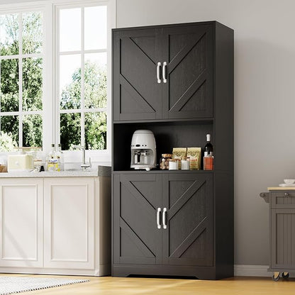 IDEALHOUSE 70" Kitchen Pantry Storage Cabinet, Farmhouse Kitchen Hutch Cabinet with 4 Doors & 2 Adjustable Shelves, Freestanding Cupboard with Microwave Stand for Dining Room,Living Room,Black