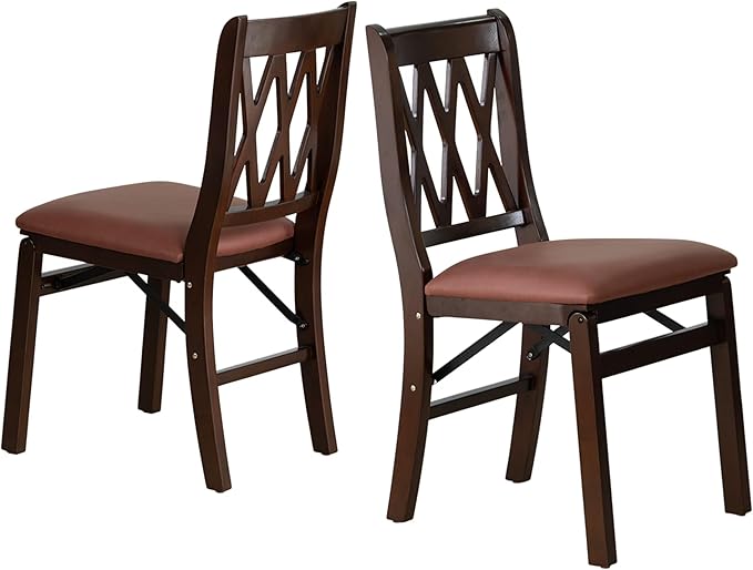 East West Furniture - PNC-MAH-26 – Plano Folding Solid Wood Dining Room Chairs with PU Leather Seat, 3-X Back Design, Set of 2, No Assembly Needed, Mahogany Wood Finish