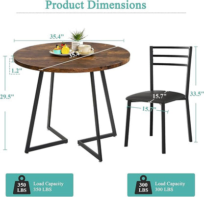VECELO Round Dining Table Set for 4, Wood Tabletop & Heavy-Duty Steel Frame, 6-Piece Dinette with Chairs for Kitchen, Breakfast Nook, Antique Brown & Black