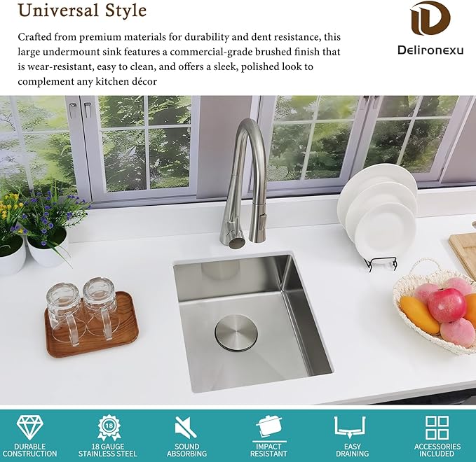 15 Inch Undermount Bar Sink, Delironexu 18 Gauge 304 Stainless Steel Small Bar Sink, 15" x 17" x 7" Prep/RV/Wet Sink with 3.5" Drain, Drain Assembly & Towel