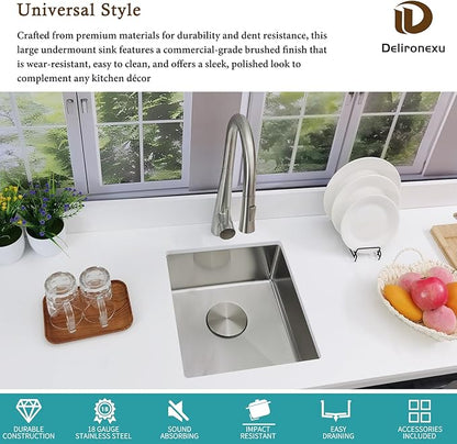 15 Inch Undermount Bar Sink, Delironexu 18 Gauge 304 Stainless Steel Small Bar Sink, 15" x 17" x 7" Prep/RV/Wet Sink with 3.5" Drain, Drain Assembly & Towel