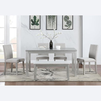 6 Piece Wooden Dining Table Set, Rectangular Dining Table with 4 Upholstered Chairs and 1 Bench, Elegant Dining Table Set with Crystal Decoration for Kitchen, Dining Room, Silver Grey