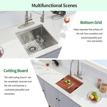 Undermount Kitchen Sink, 18 x 18 x 10 Inch Sink Kitchen 16 Gauge Stainless Steel Kitchen Sinks Single Bowl Workstation Sink with Cutting Board