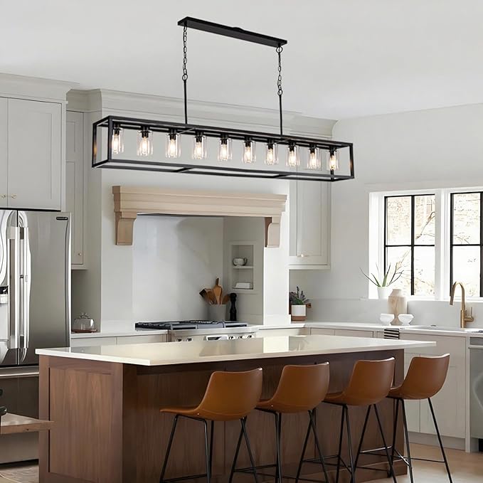 Farmhouse Dining Room Light Fixture Kitchen Island Pendant Lighting Rectangle Black Dining Room Lighting Fixture Modern Pendant Contemporary Chandeliers with Glass Shade Adjustable (10 Light)
