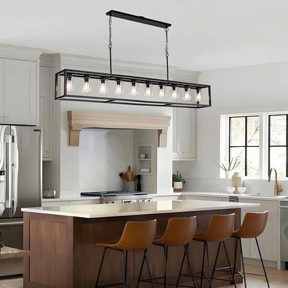 Farmhouse Dining Room Light Fixture Kitchen Island Pendant Lighting Rectangle Black Dining Room Lighting Fixture Modern Pendant Contemporary Chandeliers with Glass Shade Adjustable (10 Light)