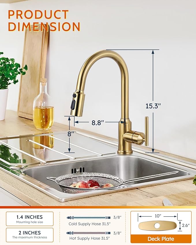 Gold Kitchen Faucet with Pull Down Sprayer: WOWOW High Arc Single Handle Classic Stainless Steel Sink Faucet 1 or 3 Hole,Kitchen Sink Faucet Suitable for Farmhouse Camper Laundry Rv Bar