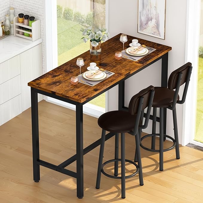 AWQM 47.2"" Pub Height Table Set for 4,Kitchen Dining Set with 2 Bar Table Table and 4 PU Leather Stools with Backrest,for Breakfast Nook,Living Room,Small Space,Bar,Rustic Brown & Brown, APHT-2