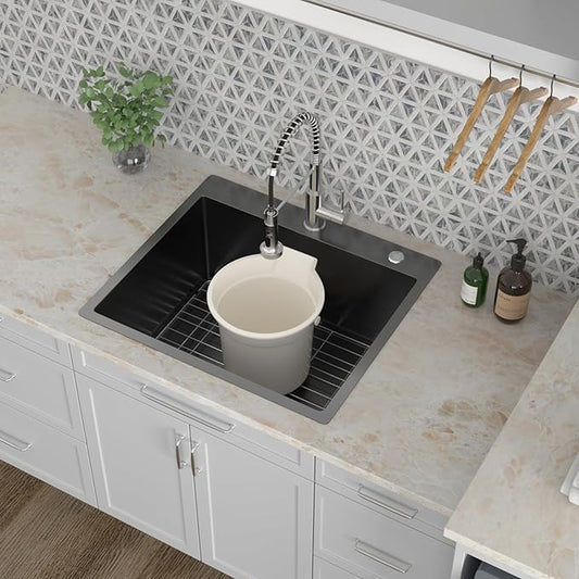 Kichae 25 Inch Black Laundry Sink - 25x22 Kitchen Sink Drop In Utility Sink 12" Deep Sink Topmount Single Bowl Stainless Steel RV Laundry Sinks Handmade with Accessories