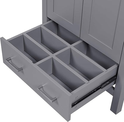 Favfurish 24" Modern Bathroom Vanity with Ceramic Sink, Freestanding Storage Cabinet w/2 Soft-Close Doors & 1 Drawer, Double-Layer Door Shelf, Solid Wood Frame for Small Bathrooms, Easy Assembly,Grey