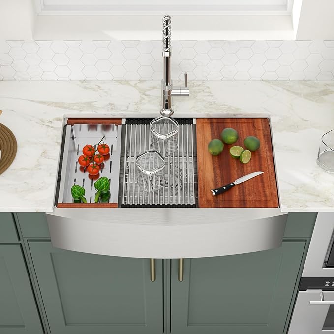 Logmey 36 Inch Farmhouse Sink Workstation 36x21 16 Gauge Stainless Steel Farm Kitchen Sink Undermount Apron Front Single Bowl Farm Sinks for Kitchen 36x21x9