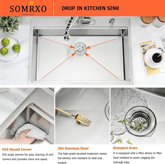 33 Inch Drop In Kitchen Sink - 33x22 Kitchen Sink Drop In,16 Gauge Stainless Steel Topmount, 10" Deep Single Bowl Workstation Sinks with Accessories