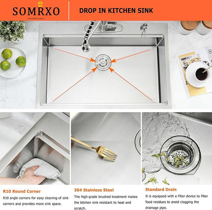 33 Inch Drop In Kitchen Sink - 33x22 Kitchen Sink Drop In,16 Gauge Stainless Steel Topmount, 10" Deep Single Bowl Workstation Sinks with Accessories