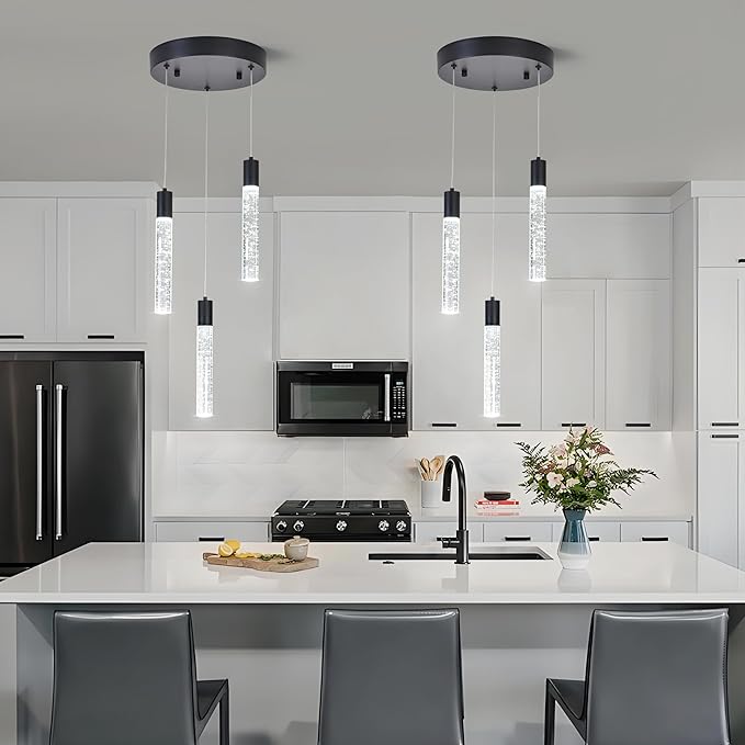 3 Light Pendant Lights Kitchen Island,Modern LED Bubble Crystal Pendants with Dimmable 3000K-6000K Ceiling Hanging Light Fixture for Dining Room Bedroom,Matte Black Finish,Adjustable Height 59"
