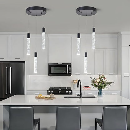 3 Light Pendant Lights Kitchen Island,Modern LED Bubble Crystal Pendants with Dimmable 3000K-6000K Ceiling Hanging Light Fixture for Dining Room Bedroom,Matte Black Finish,Adjustable Height 59"