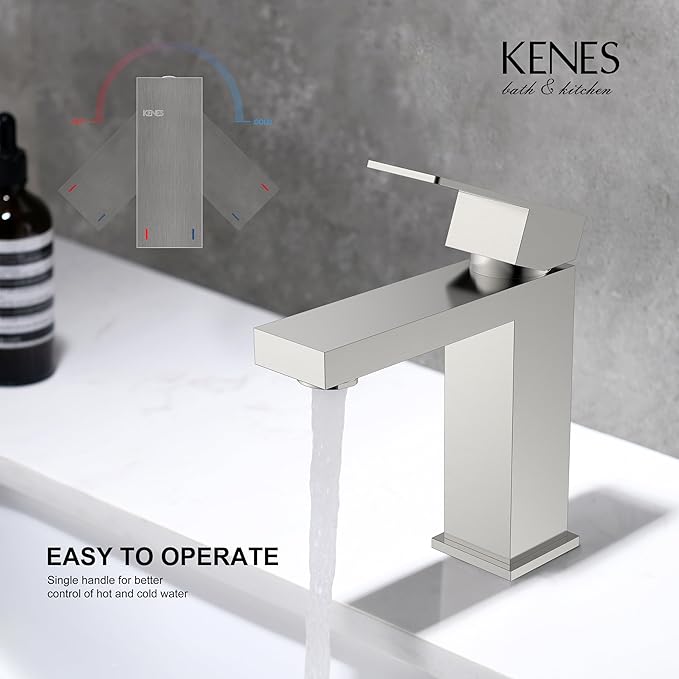 KENES Single Handle Bathroom Sink Faucet, Brushed Nickel Vanity Faucet for Bathroom Sink, with Pop Up Drain Stopper & Water Supply Lines LJ-9031