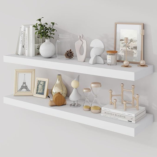 Acovy 36 Inch Floating Shelves, 9.3" Deep Floating Shelf Wall Mounted, 36" Wall Shelves, Rustic Deep Bookshelf, Large Display Shelves & Storage Shelves for Bedroom, Living Room, White, Set of 2