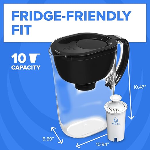 Brita Large 10-Cup Water Filter Pitcher, WQA NSF/ANSI Certified, Removes Chlorine Taste & Odor, Reduces Zinc, Copper & Mercury, 1 Standard Filter, Lasts 2 Months, Black