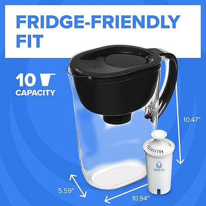 Brita Large 10-Cup Water Filter Pitcher, WQA NSF/ANSI Certified, Removes Chlorine Taste & Odor, Reduces Zinc, Copper & Mercury, 1 Standard Filter, Lasts 2 Months, Black