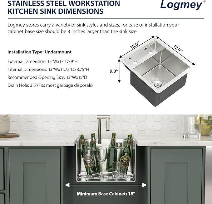 Logmey 15" RV Outdoor Kitchen Sink Undermount with Foldable Faucet and Cover,16 Gauge Stainless Steel Handmade 15x17 Single Bowl Sink for Outdoor Kitchen,Patio,Camper