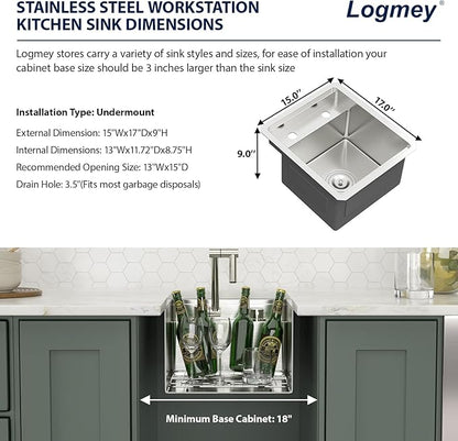 Logmey 15" RV Outdoor Kitchen Sink Undermount with Foldable Faucet and Cover,16 Gauge Stainless Steel Handmade 15x17 Single Bowl Sink for Outdoor Kitchen,Patio,Camper