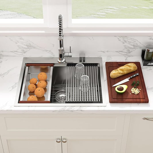 Sarlai 25 Kitchen Sink Drop-In Workstation - 25 x 22 Inch Topmount Ledge Stainless Steel 16 Gauge Single Bowl Over Counter for Kitchen, Laundry, Utility Room