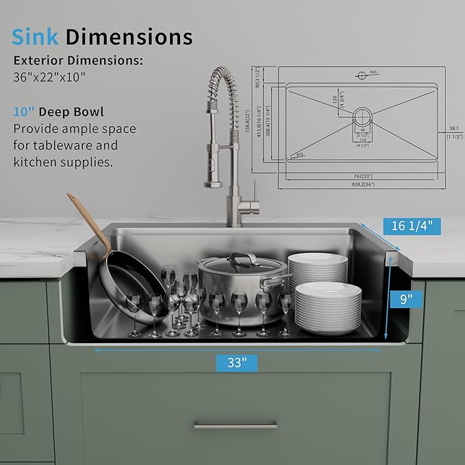 36 Inch Farmhouse Sink, 16 Gauge 304 Stainless Steel Farm Sinks, Drop In Topmount Single Bowl Workstation Sink with all Accessories, 36" x 22" x 10" Large and Deep Kitchen Sink