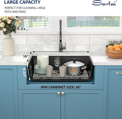 Sarlai 33 Granite Composite Kitchen Sink - 33 x 19 Inch Granite Undermount Kitchen Sink Ledge Workstation Under-Mount White Quartz Classic Single Bowl Sinks Under Counter Basin With Accessories